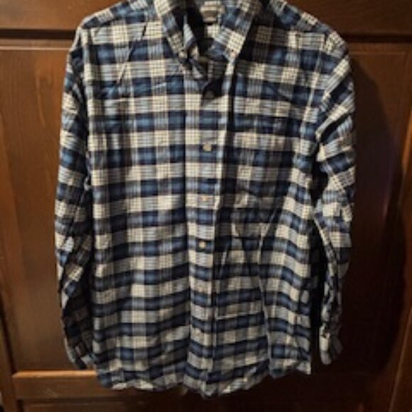 Eddie Bauer men's long-sleeve flannel shirt with a blue, white, and black plaid - Picture 2 of 3